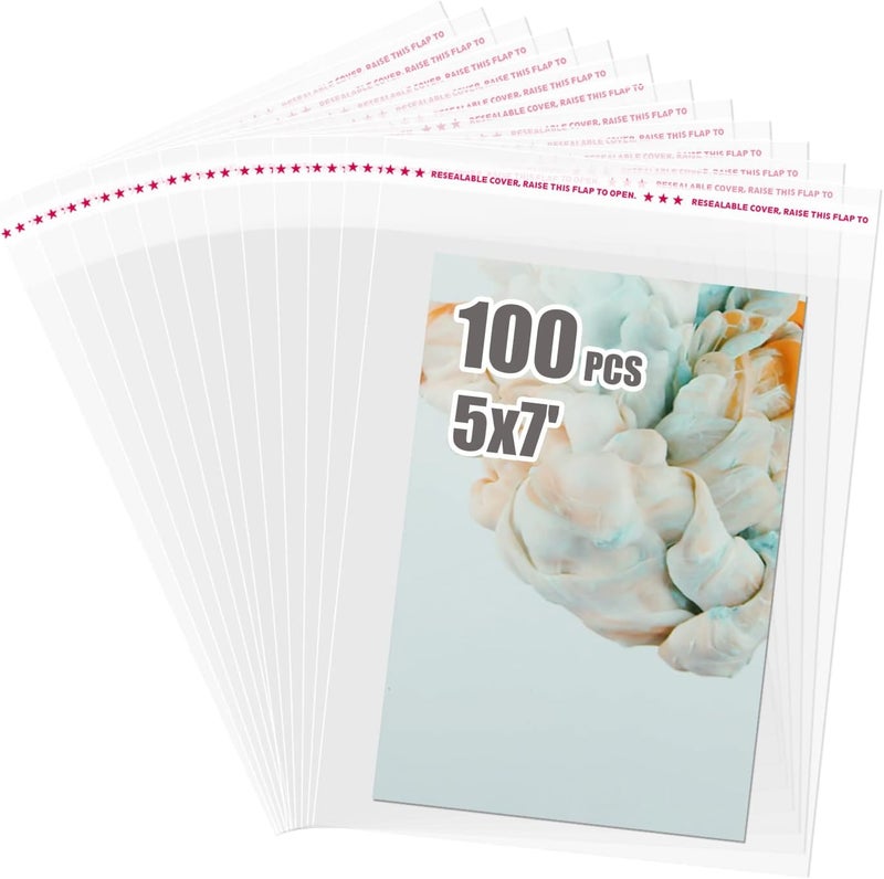 Egofine Self Sealing Cellophane Bags 100 PCS Clear Resealable Sleeves Bags for 5x7 Photo Mats, Bag Size: 5.27x7.2 inches for 5x7 Mats - Image 1